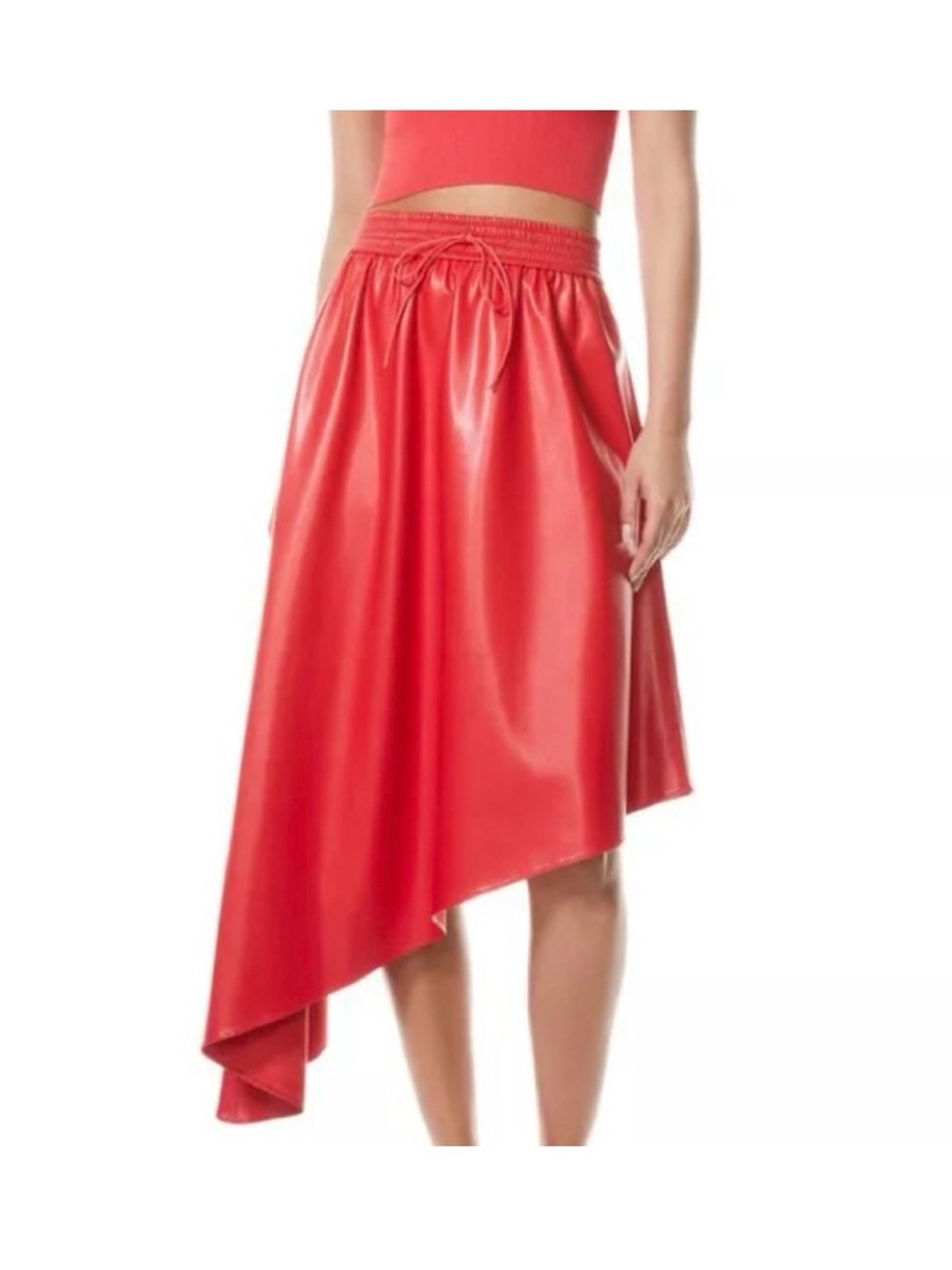 Alice + Olivia Red Asymmetrical Faux-Leather Drawstring Skirt